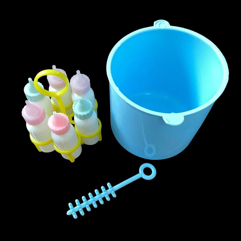 Vintage Baby Doll Bottle Lot of 6 w/Plastic Carrier & Brush & Dish Blue Pink HTF